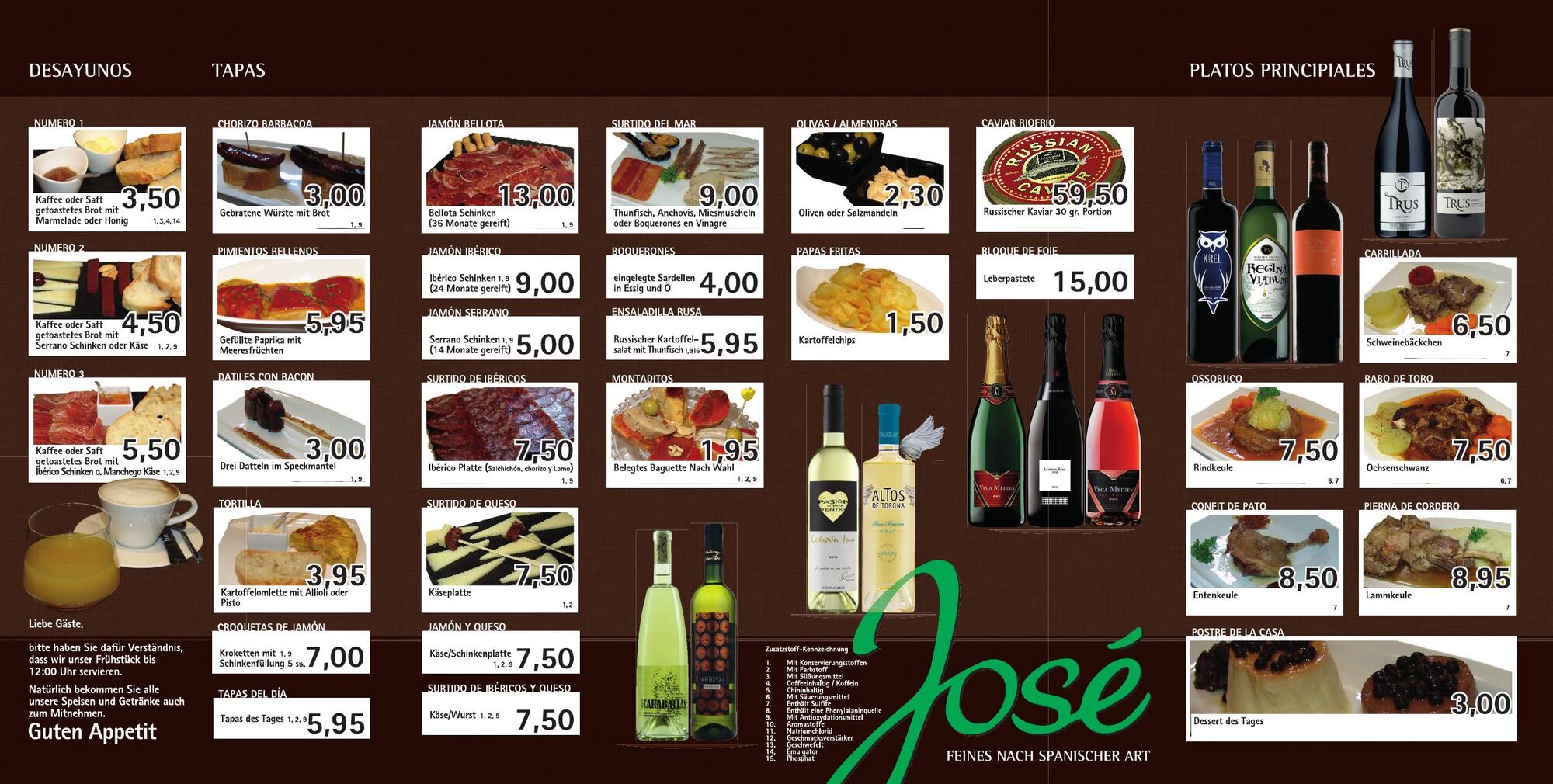 Innenseite der gestalteten José-Speisekarte